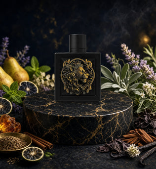 Rayhaan Lion 100ml bottle with pear, lavender, mint, cinnamon, sage, vanilla and amber