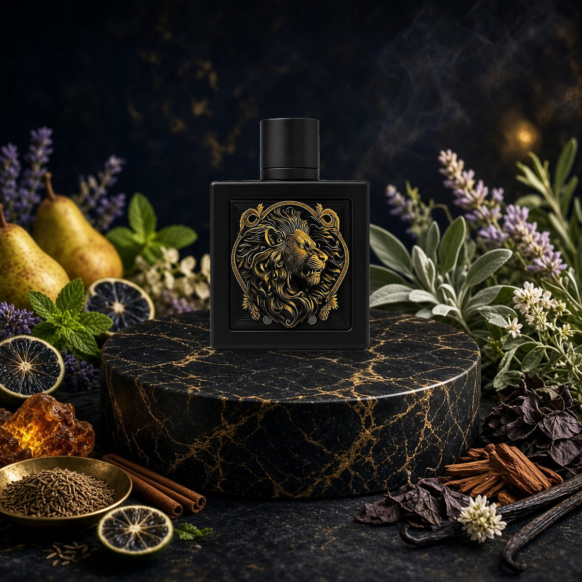 Rayhaan Lion 100ml bottle with pear, lavender, mint, cinnamon, sage, vanilla and amber