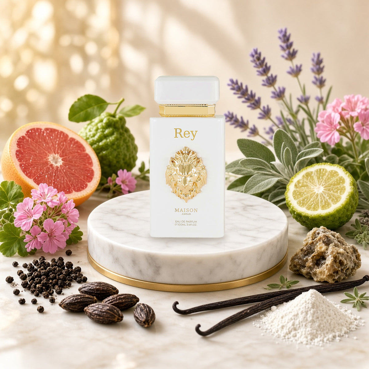 Rey by Maison Asrar with grapefruit, bergamot, geranium, black pepper, tonka and vanilla