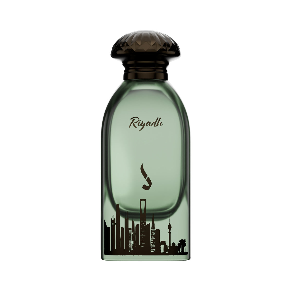 Riyadh Sky by Dkhoni Eau de Parfum 100ml – sage green glass bottle with faceted dark bronze cap and Riyadh skyline print