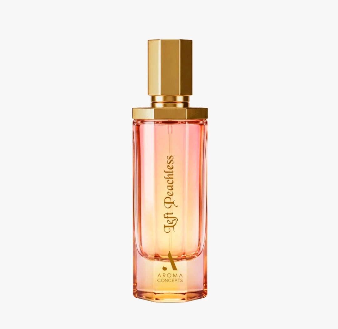 Left Peachless 100ml Eau de Parfum by Aroma Concepts Peach Pear Orange Jasmine Freesia Rose Vanilla Musk Praline Tonka patchouli