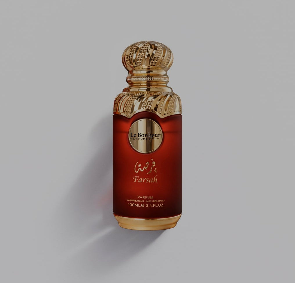 Farsah by Le Bonheur 100ml Eau de Parfum peach jasmine lily patchouli caramel leather musk raspberry vanilla