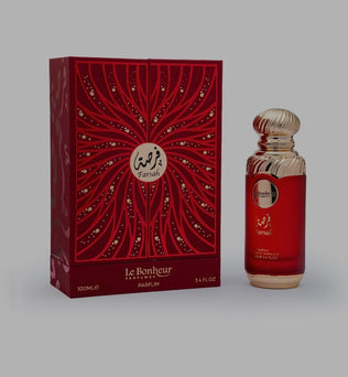 Farsah by Le Bonheur 100ml Eau de Parfum peach jasmine lily patchouli caramel leather musk raspberry vanilla