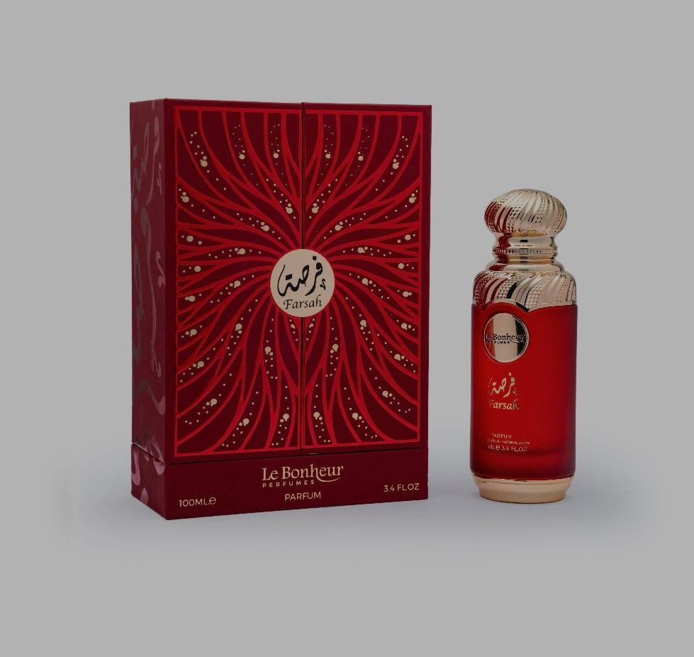 Farsah by Le Bonheur 100ml Eau de Parfum peach jasmine lily patchouli caramel leather musk raspberry vanilla