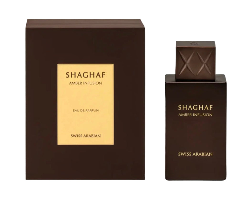 Shaghaf Amber Infusion 75ml Extrait De Parfum warm spicy amber apricot cardamom ginger vanilla apple cedar lily patchouli leather musk
