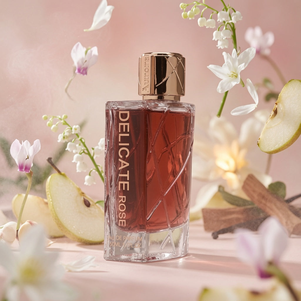 Delicate Rose 100ml Eau de Parfum Lily if the Valley Pear Apple Jasmine Lavinder Peach White Musk Vanilla Caramel Tonka Amber