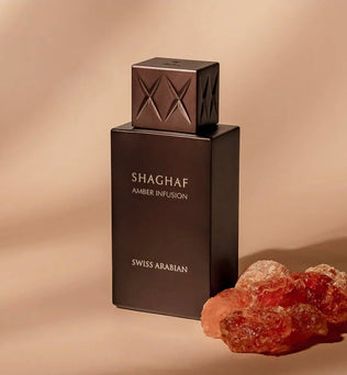 Shaghaf Amber Infusion 75ml Extrait De Parfum warm spicy amber apricot cardamom ginger vanilla apple cedar lily patchouli leather musk