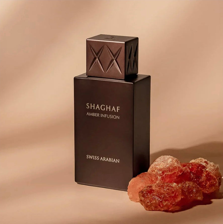 Shaghaf Amber Infusion 75ml Extrait De Parfum warm spicy amber apricot cardamom ginger vanilla apple cedar lily patchouli leather musk