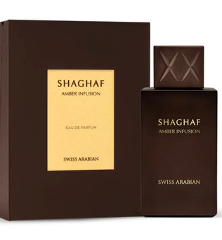 Shaghaf Amber Infusion 75ml Extrait De Parfum warm spicy amber apricot cardamom ginger vanilla apple cedar lily patchouli leather musk