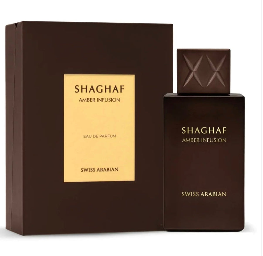 Shaghaf Amber Infusion 75ml Extrait De Parfum warm spicy amber apricot cardamom ginger vanilla apple cedar lily patchouli leather musk
