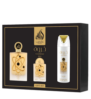 Lattafa Pride Tharwah Gold Giftset 100ml Eau de Parfum + 200ml Perfumed Body Spray + 20ml Travel EDP and a Refillable Bottle aromatic floral Jasmine orange blossom vanilla Vetiver amber