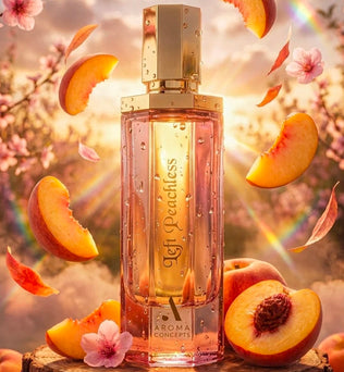 Left Peachless 100ml Eau de Parfum by Aroma Concepts Peach Pear Orange Jasmine Freesia Rose Vanilla Musk Praline Tonka patchouli