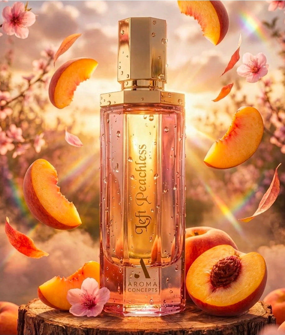 Left Peachless 100ml Eau de Parfum by Aroma Concepts Peach Pear Orange Jasmine Freesia Rose Vanilla Musk Praline Tonka patchouli