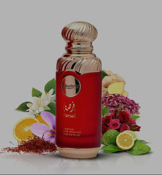 Farsah by Le Bonheur 100ml Eau de Parfum peach jasmine lily patchouli caramel leather musk raspberry vanilla