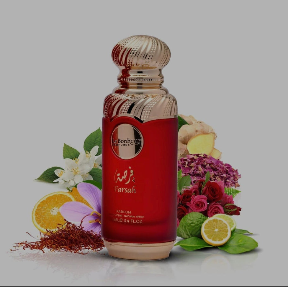 Farsah by Le Bonheur 100ml Eau de Parfum peach jasmine lily patchouli caramel leather musk raspberry vanilla