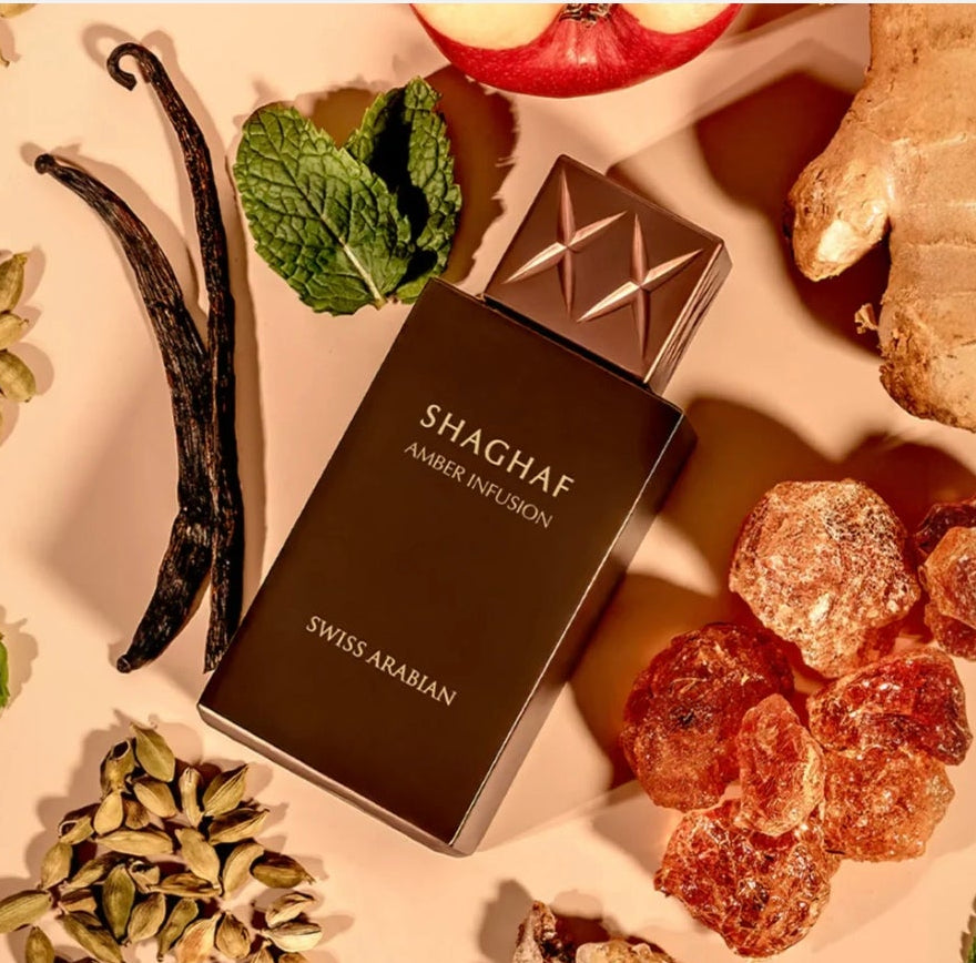 Shaghaf Amber Infusion 75ml Extrait De Parfum warm spicy amber apricot cardamom ginger vanilla apple cedar lily patchouli leather musk