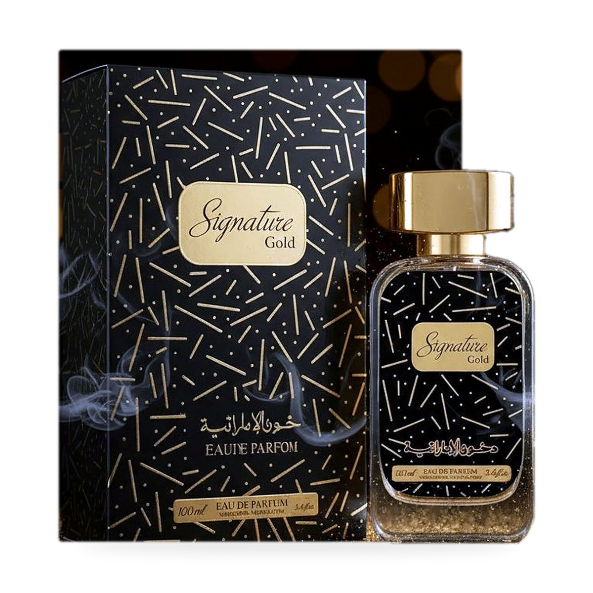 Signature Gold by Dkhoni Eau de Parfum 100ml bottle with black and gold gift box packaging