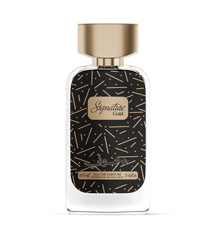 Signature Gold by Dkhoni Eau de Parfum 100ml – clear bottle with black and gold patterned label and gold cap on white background