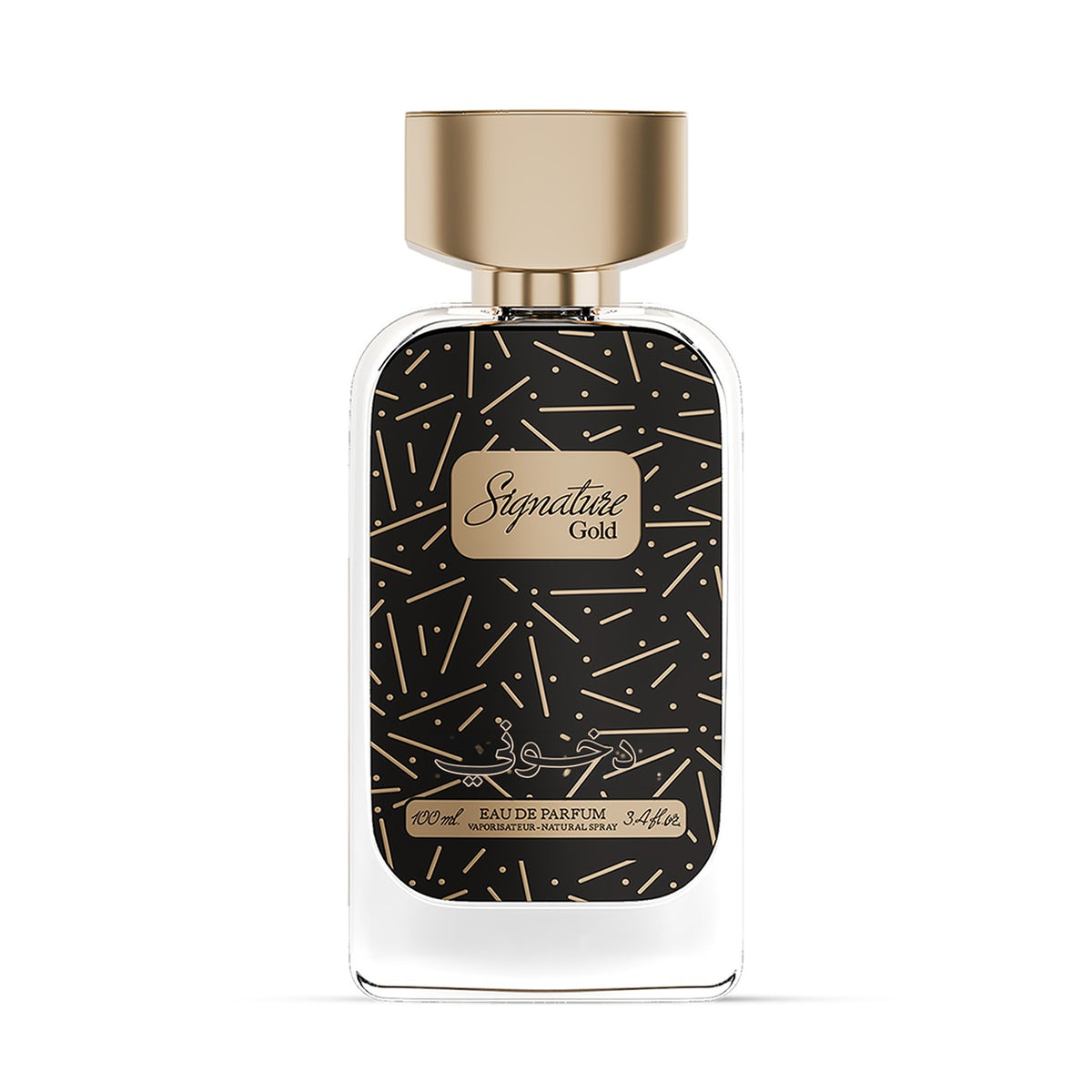 Signature Gold by Dkhoni Eau de Parfum 100ml – clear bottle with black and gold patterned label and gold cap on white background