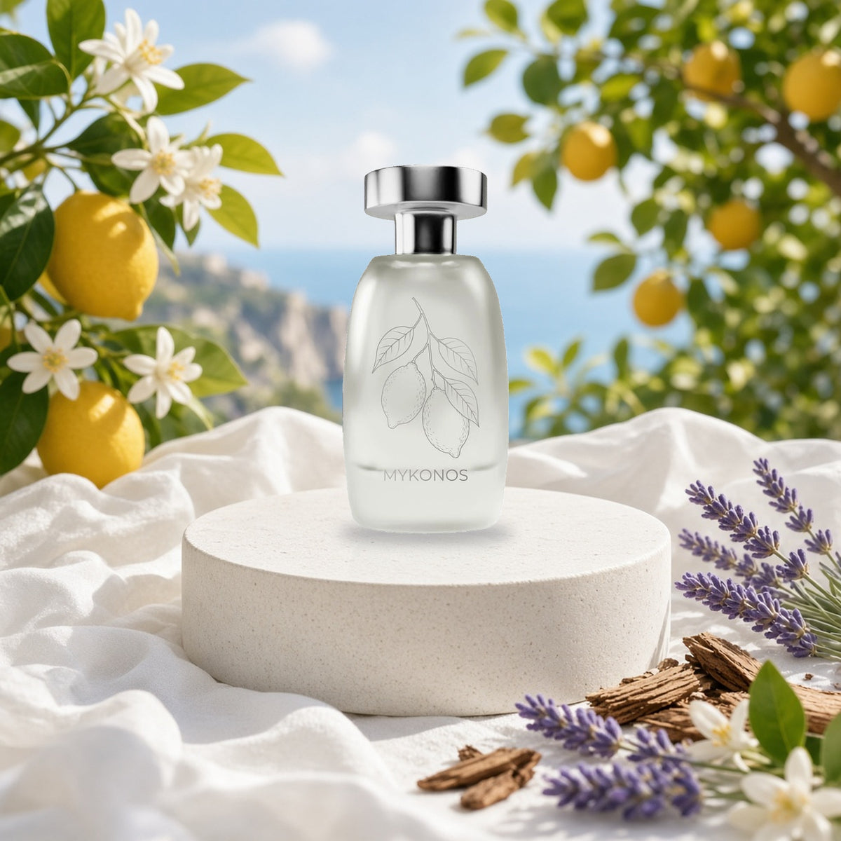 Slow Living by Mykonos 100ml bottle on an Italian balcony with Amalfi lemons, lemon blossom, lavender and cotton sheets